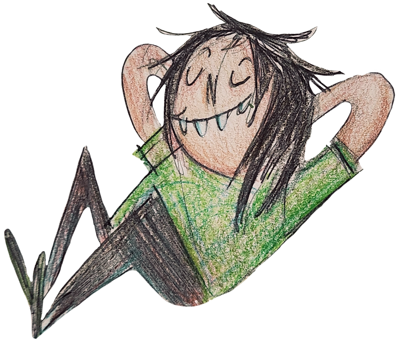 Person leaning back in a relaxed posture, with hands behind the head